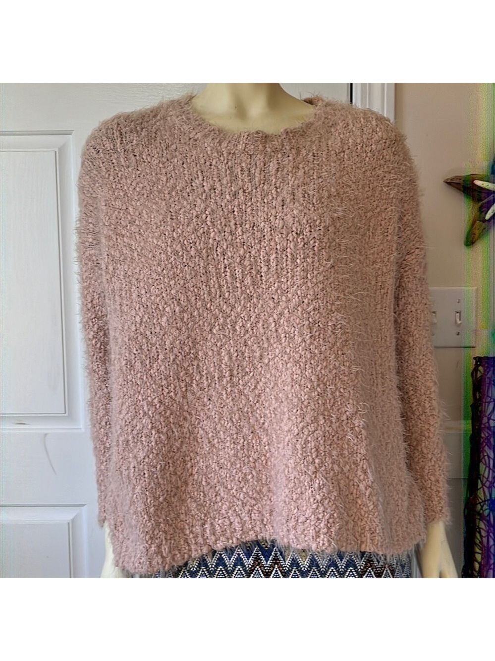 DREAMERS Nubby Popcorn Knit Fuzzy Crew Neck Sweater Pale Pink M/L